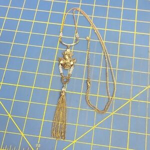 Vintage Antique Gold Tone Rhinestone Beads Tassel 30" + 3" Extension Necklace